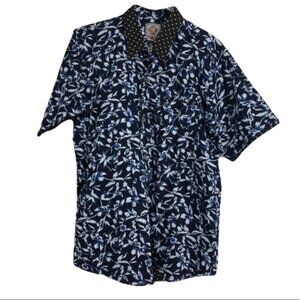 HDS blue black mixed polka dot vine  print short sleeve collared shirt